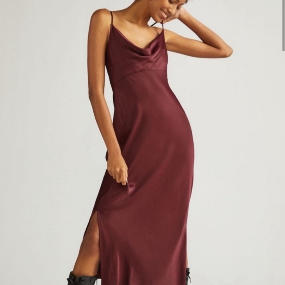 Anthropologie Red Slip Maxi Dress with Cowl Neck and Slit for Weddings